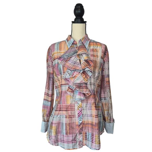 Georg Roth Tops - Georg Roth LA Rainbow Plaid Ruffle Front Cotton Blend Button Down Blouse Size M